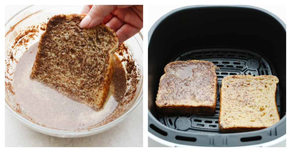 2 pictures showing how to dip bread  in batter and then place it into the air fryer. 