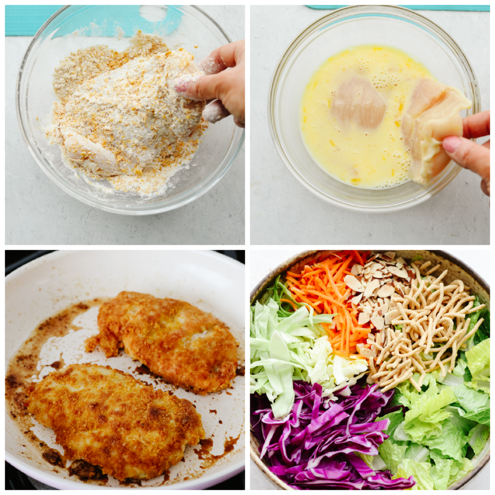 4 pictures showingg how to coat and cook chicken and mix a salad. 