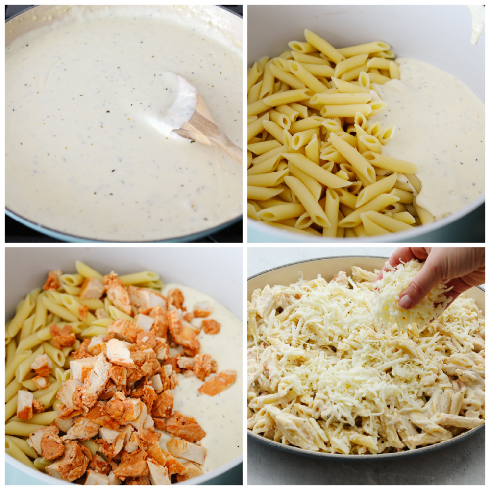 4 pictures showing how to make sauce, add noodles and chicken and sprinkle on cheese. 