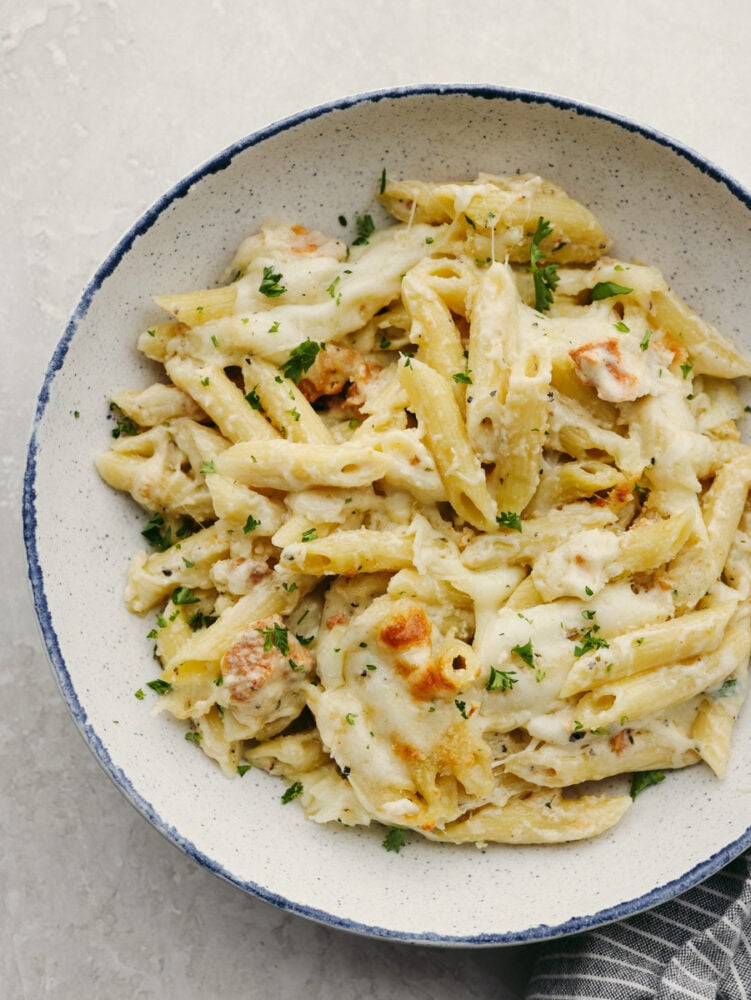 A plate with baked chicken alfredo pasta. 