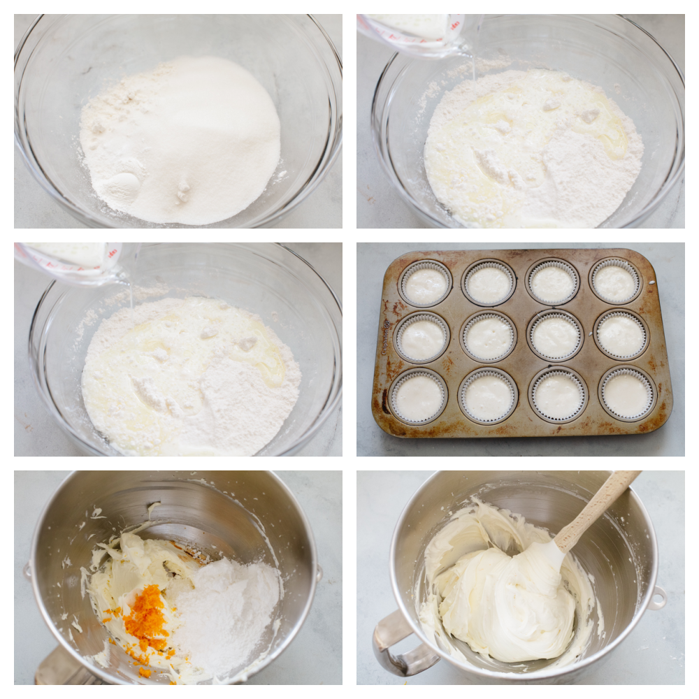 Process shots of preparing cupcake batter and frosting.