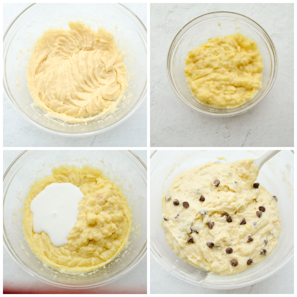 4 pictures showing how to make chocolate chip banana bread batter. 