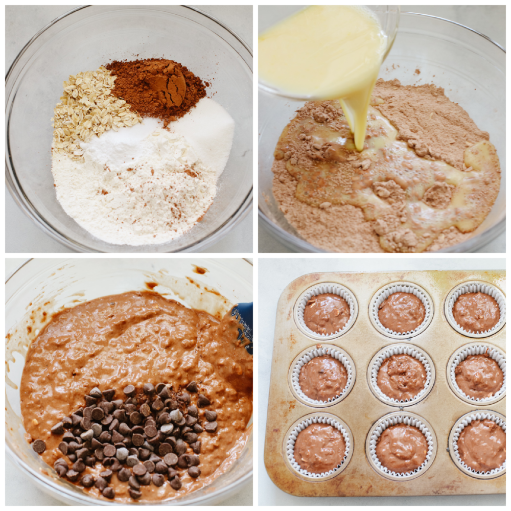 4 pictures showing how to mix ingredients to make chocolate muffin batter. 