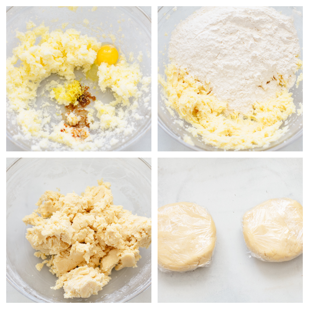 4 pictures showing how the dough is mixed up in a bowl and formed into a ball. 