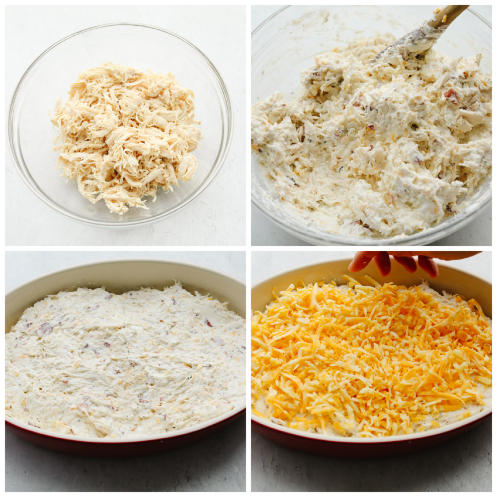 4 pictures showing how to mix shredded chicken with all of the other ingredients and then sprinkled on top with cheese. 