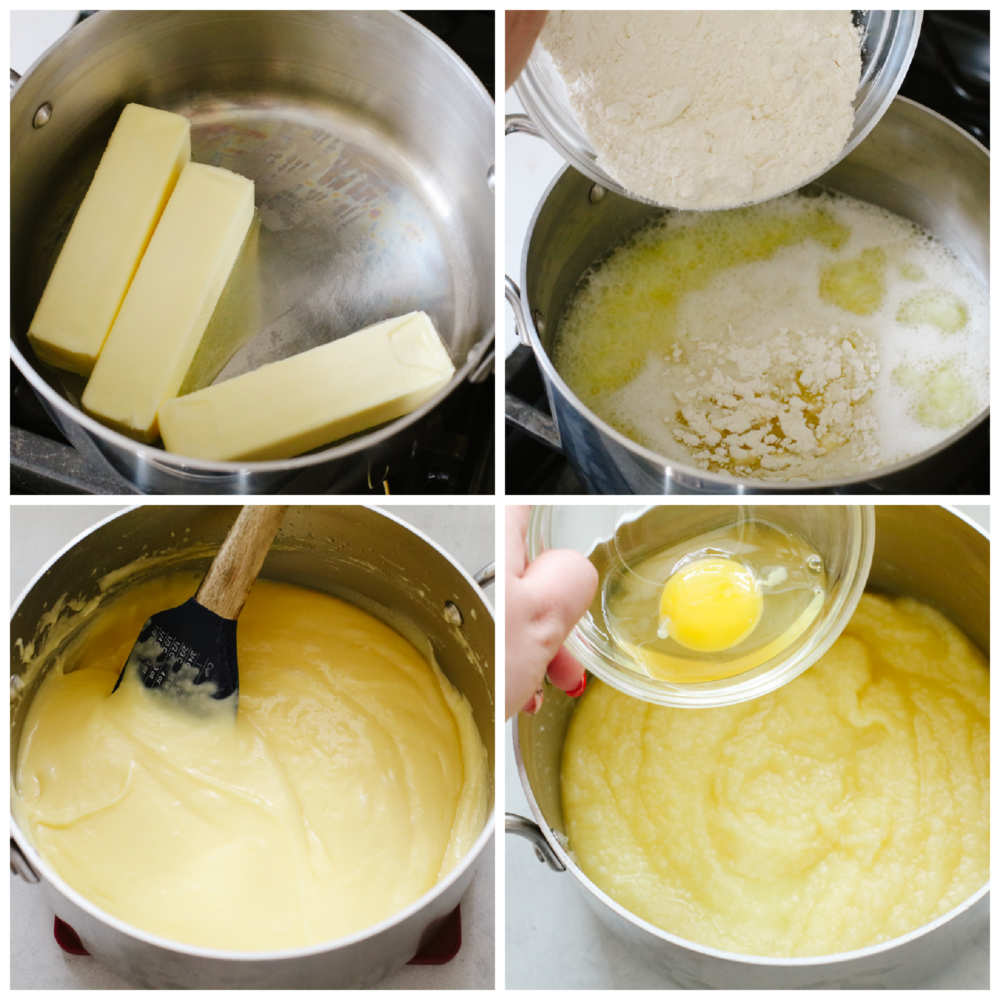 Process shots of preparing cream puff crust.