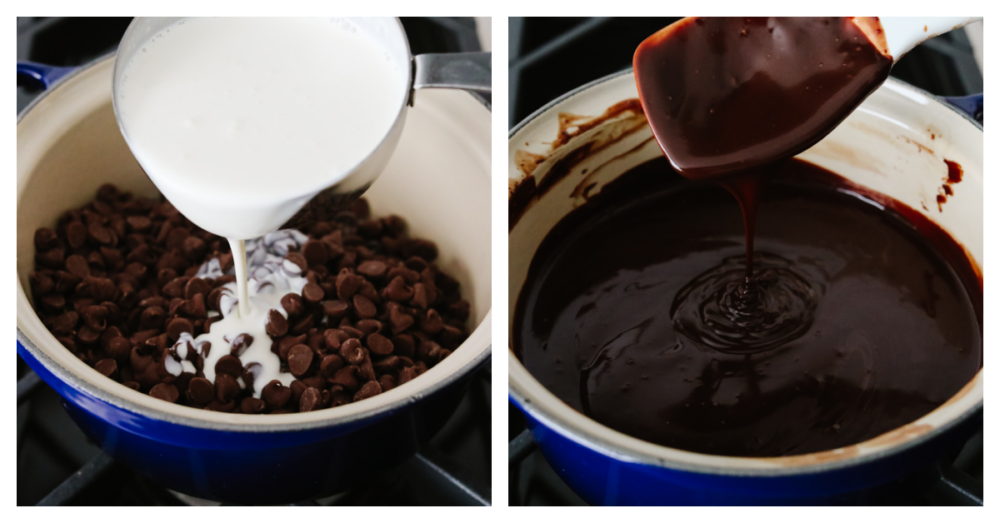 Two photos of melting cream and chocolate down.