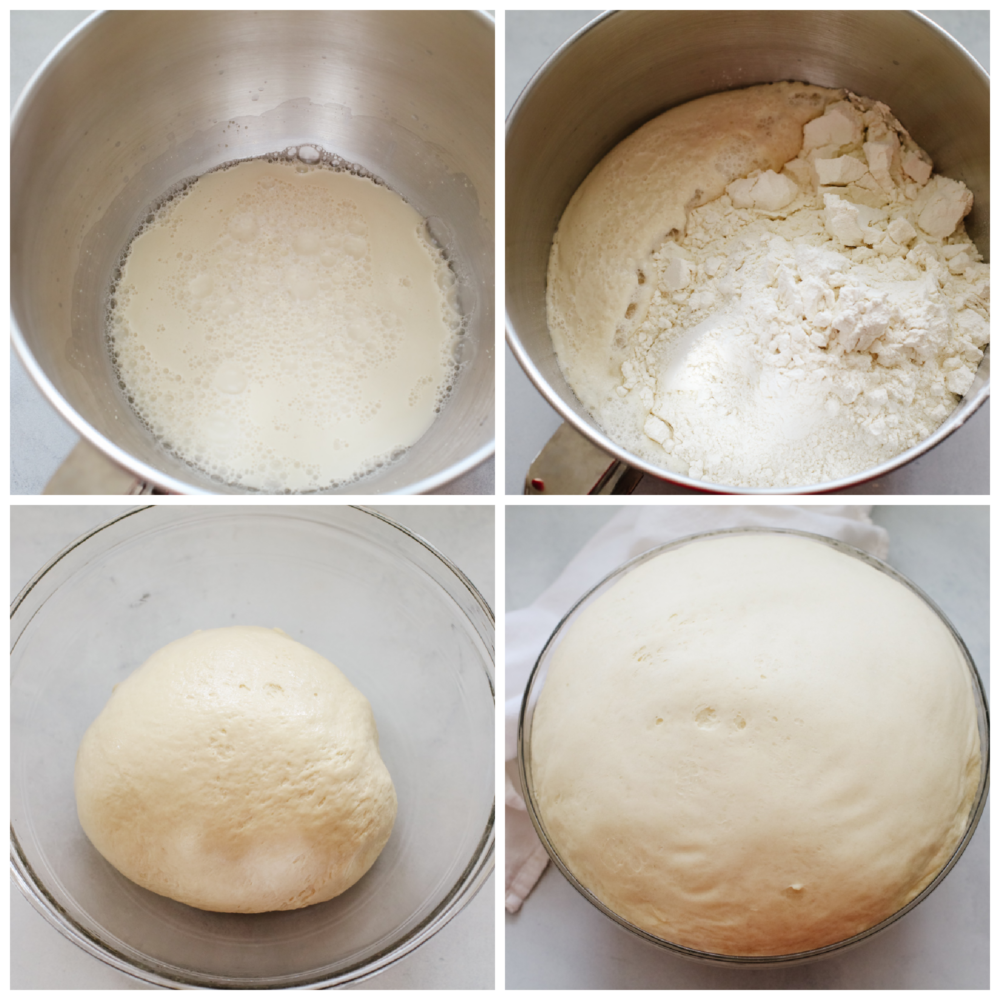 4 pictures showing how to proof the yeast and make to dough and let it rise. 