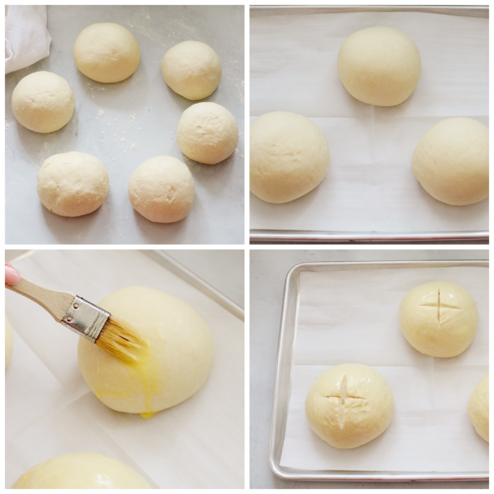 4 pictures showing how to form dough balls, add an egg wash and prepare them for baking. 