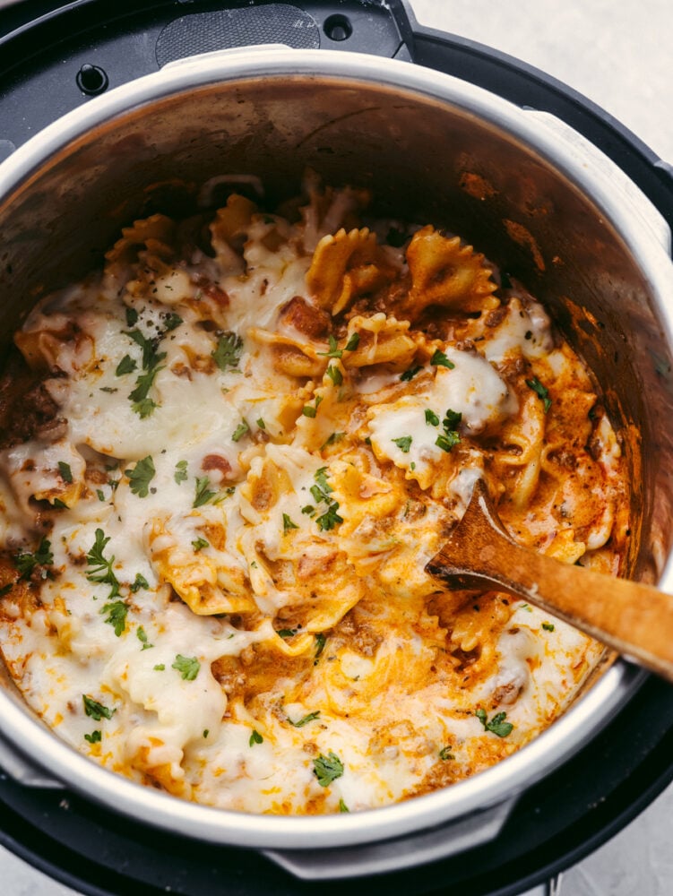 Cooked lasagna casserole in an Instant Pot.
