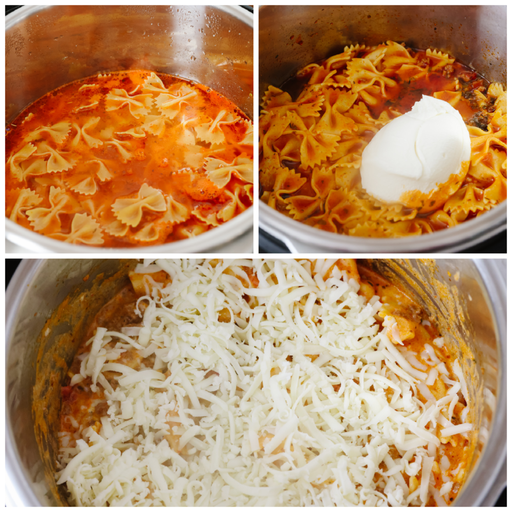 Process shots of layering lasagna ingredients in an Instant Pot.