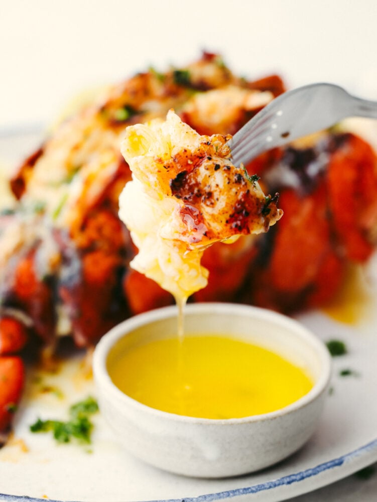 Lobster being dipped in butter using a fork. 