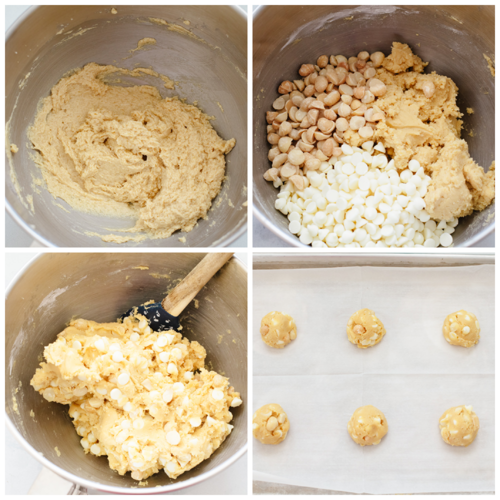 4 pictures showing how to mix up the cookie dough. 