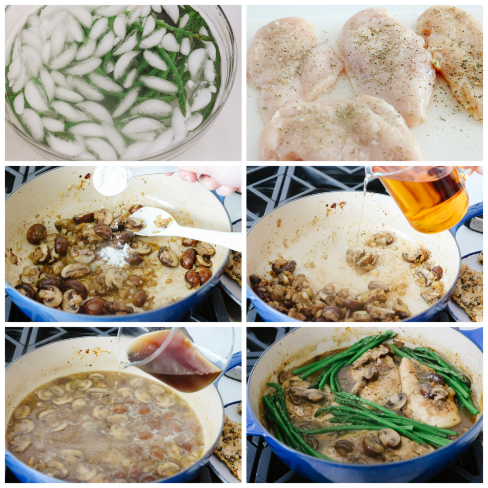 Process shots of preparing asparagus, seasoning chicken, and sautéing vegetables.