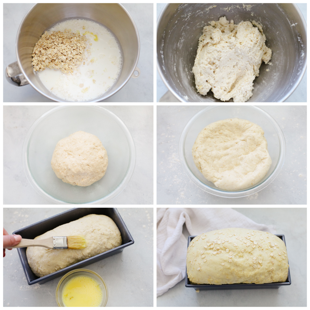 6 pictures showing how to make oatmeal bread dough. 