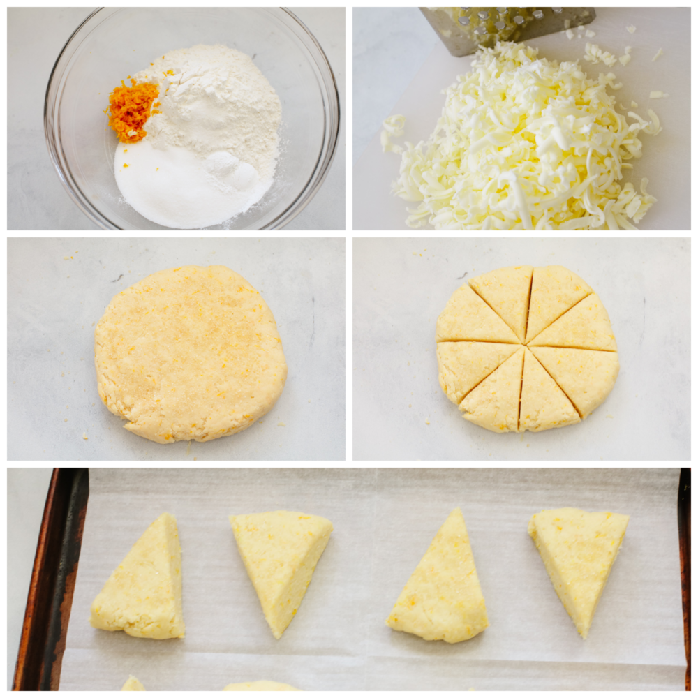 5 pictures showing how to make orange scone dough. 