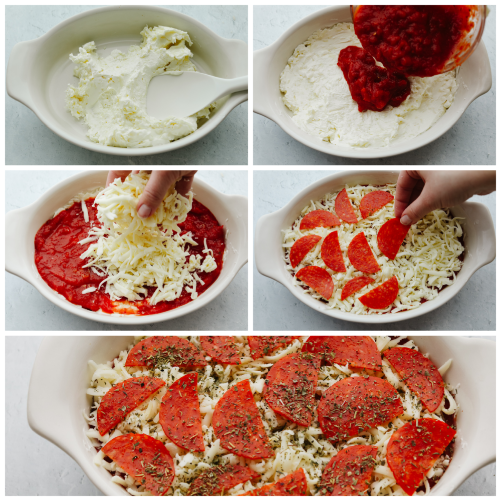 5 pictures showing how to spread the cream cheese, add the sauce, sprinkle on cheese, add pepperoni and then sprinkle on seasonings before you put the dip in the oven. 