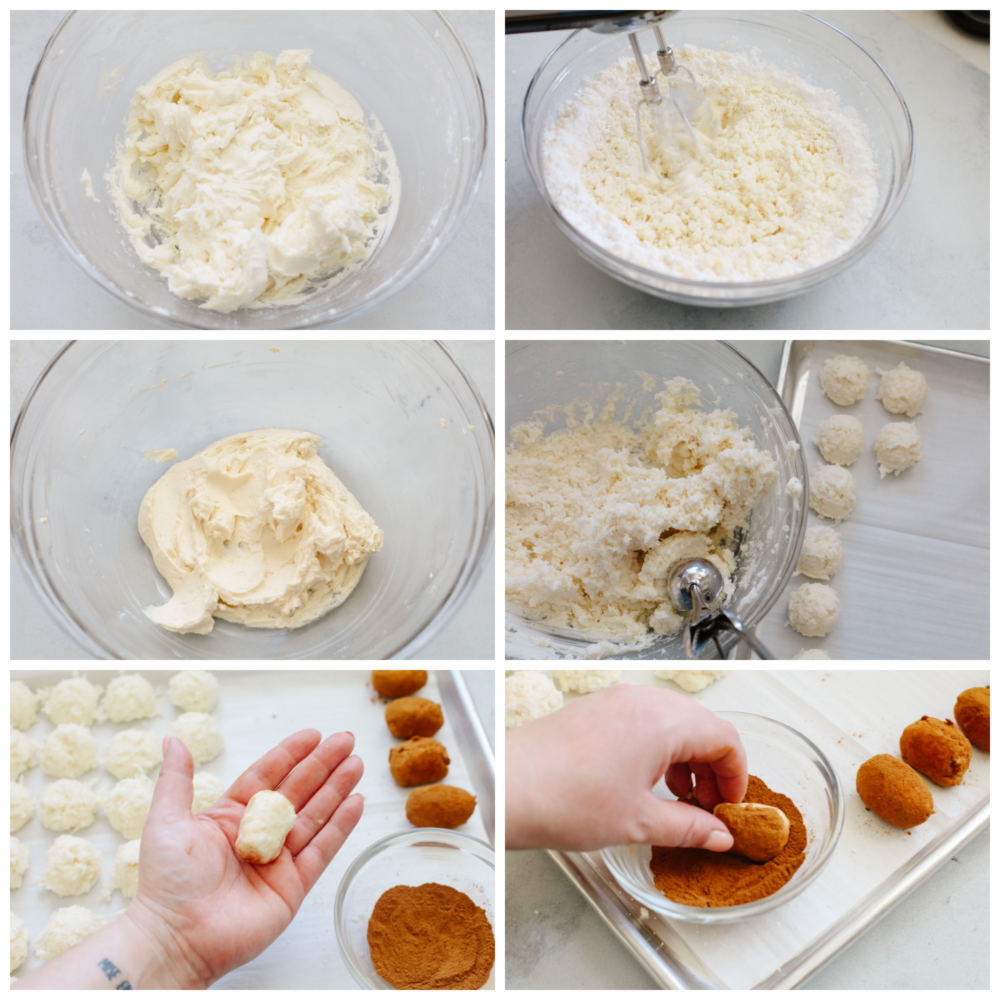 6 pictures showing how to make the filling, form it into balls and coat them with cinnamon. 