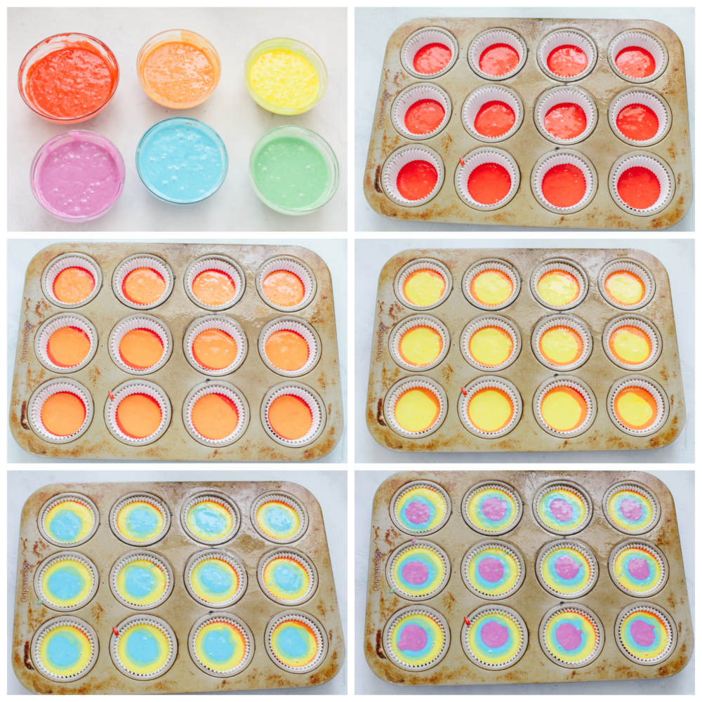 Process shots of layering cupcakes with different colored batter.