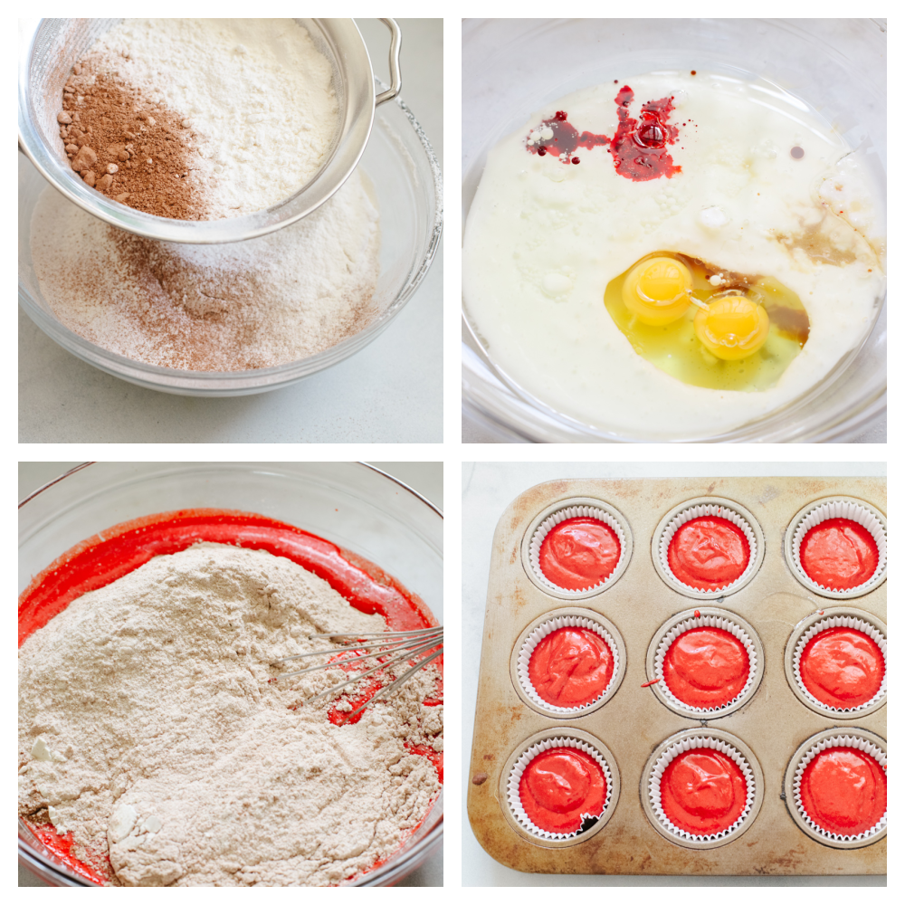 4 pictures showing how to mix up the batter with red food coloring and then add to a cupcake tin.