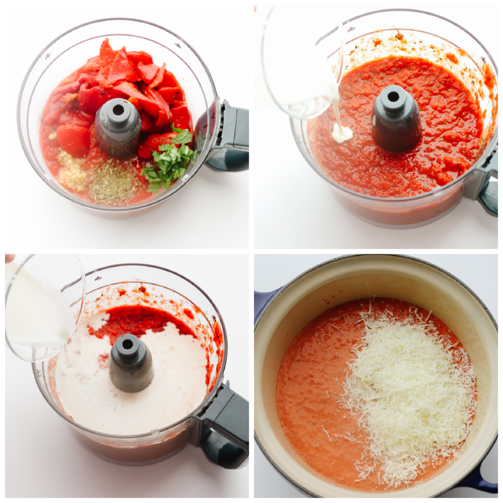 Malzemeleri karıştırmak için mutfak robotunu kullanmanın ve ardından sosu ocakta ısıtmanın çekimlerini işleyin.