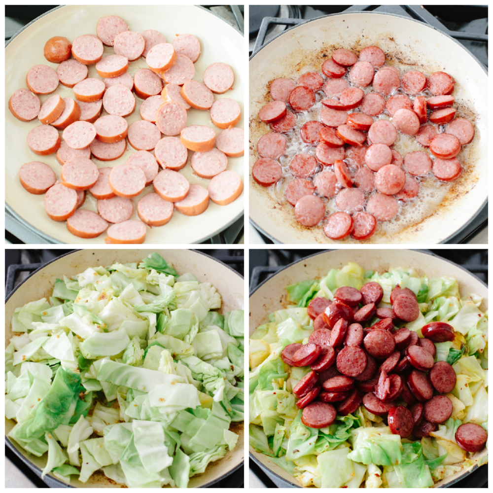 Process shots of browning sausage and cooking together with cabbage.