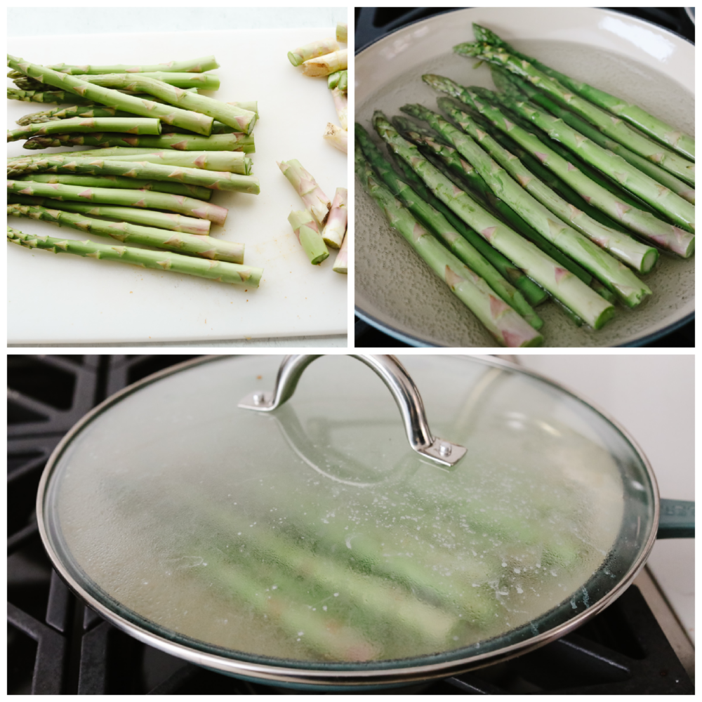 Process shots of preparing asparagus and steaming in a skillet.