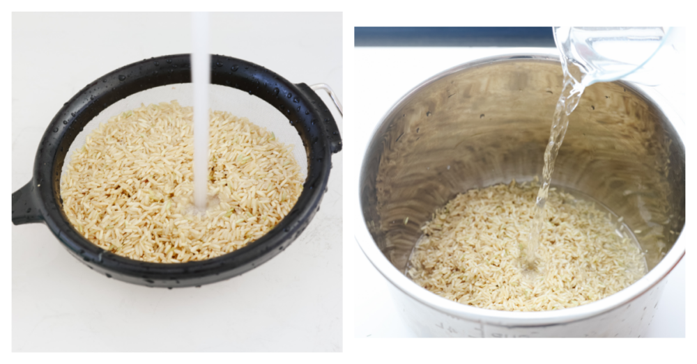 Process photos of rinsing rice and adding to Instant Pot.