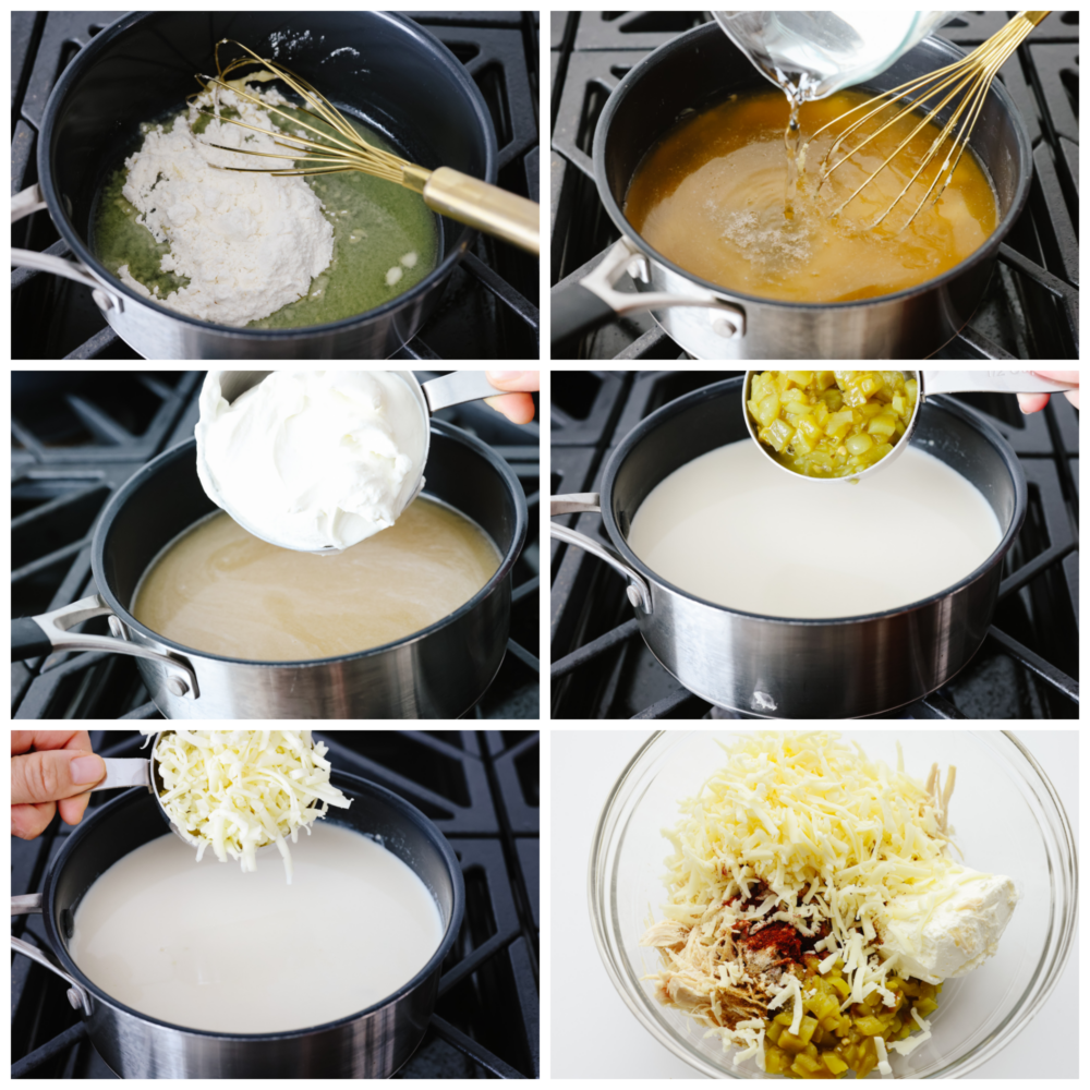 6 pictures showing how to mix the ingredients to the enchiladas sauce in a saucepan on the stovetop. 