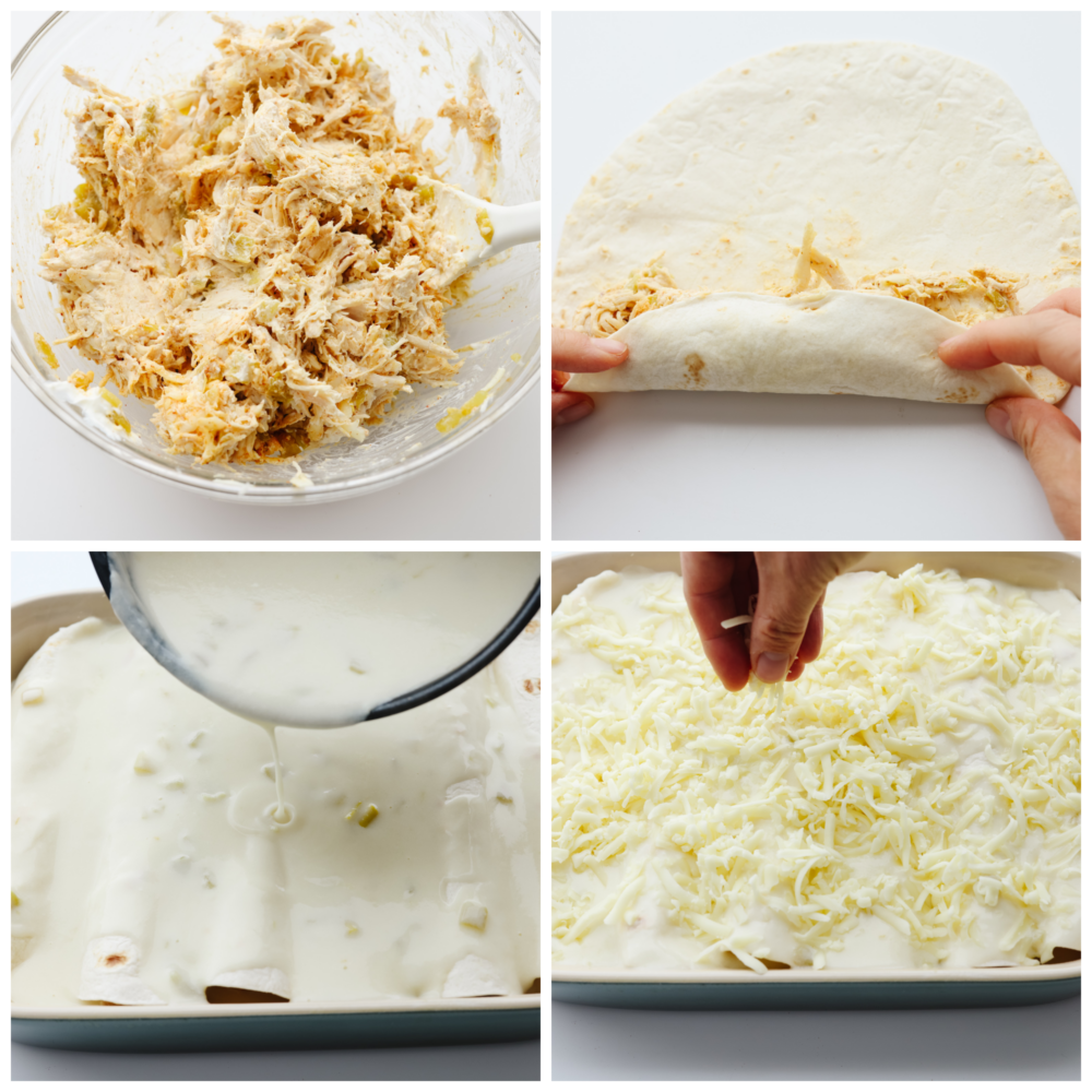 4 pictures showing how to make enchilada filling add it to a tortilla and pour the sauce on top. 