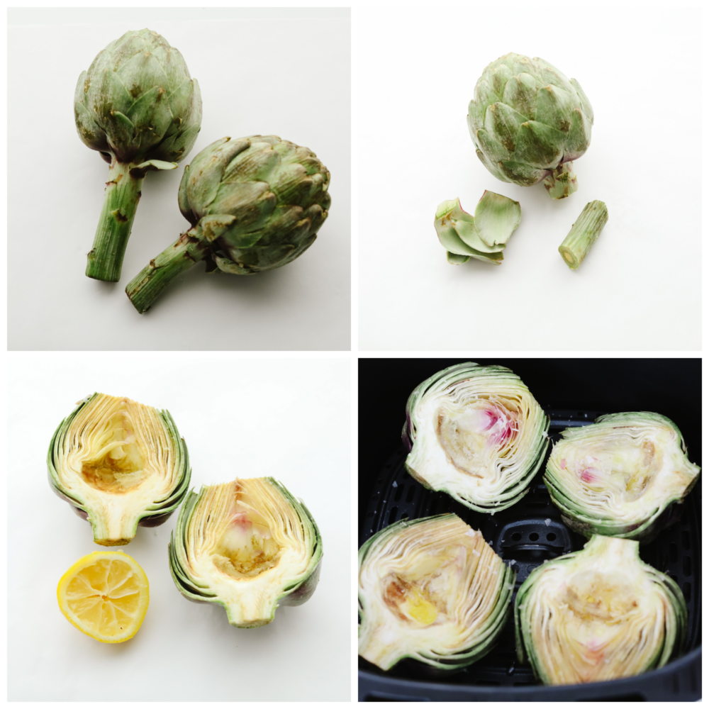 4 pictures showing how to cut up an artichoke and place it in the air fryer. 