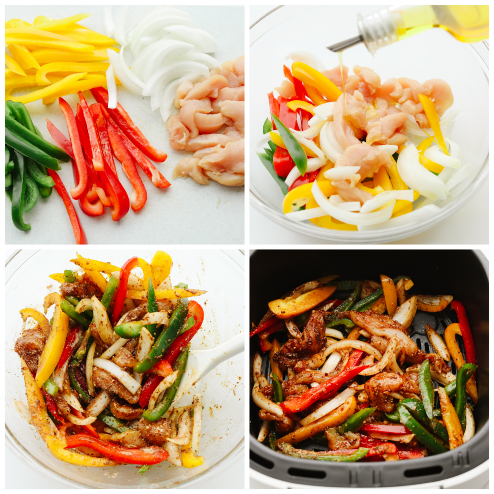 4 pictures showing how to cut the veggies and chicken, coat it and toss it with seasoning and cookk it in the air fryer basket. 