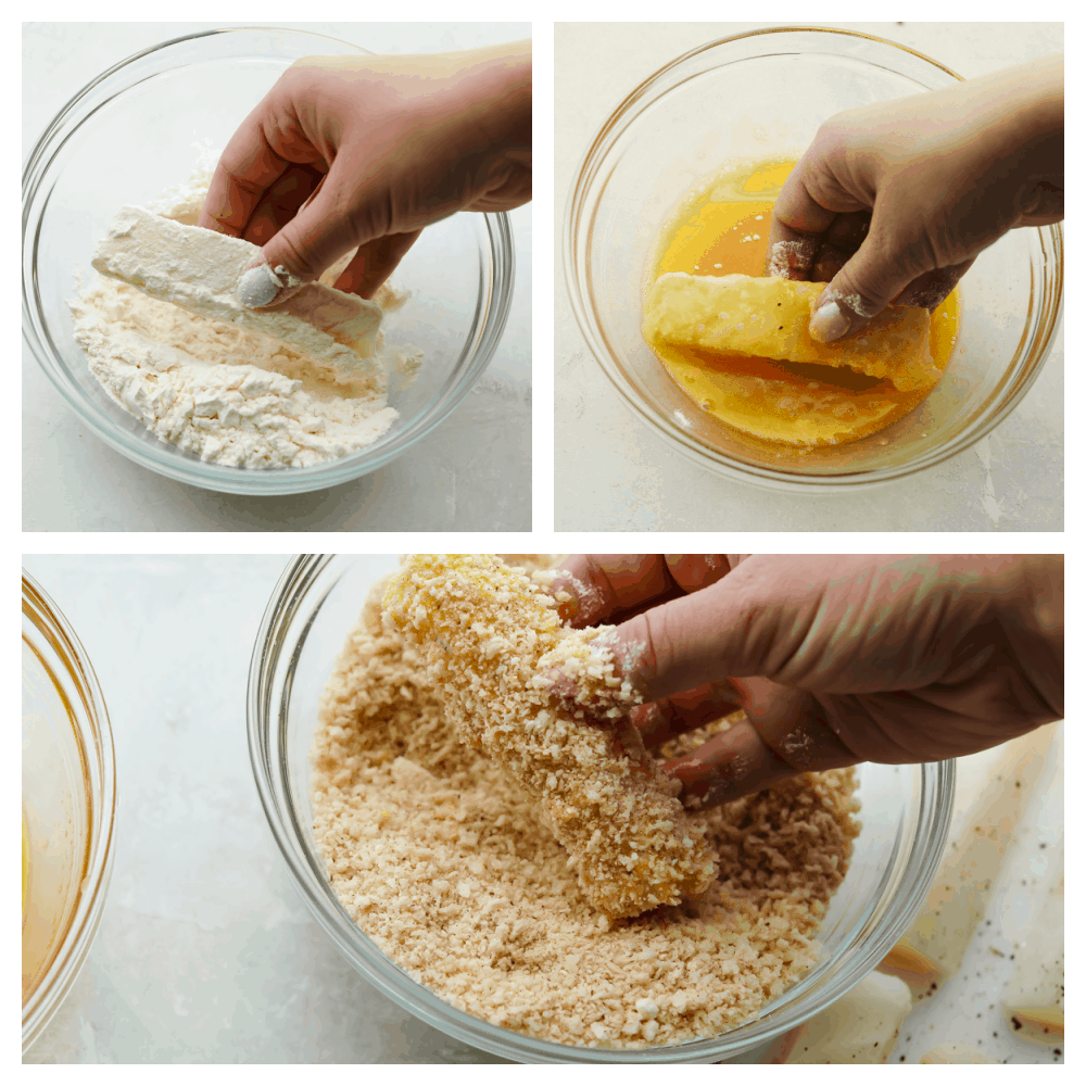 3 pictures showing how to coat slices of cod in an egg mixture and panko breadsrumbs. 