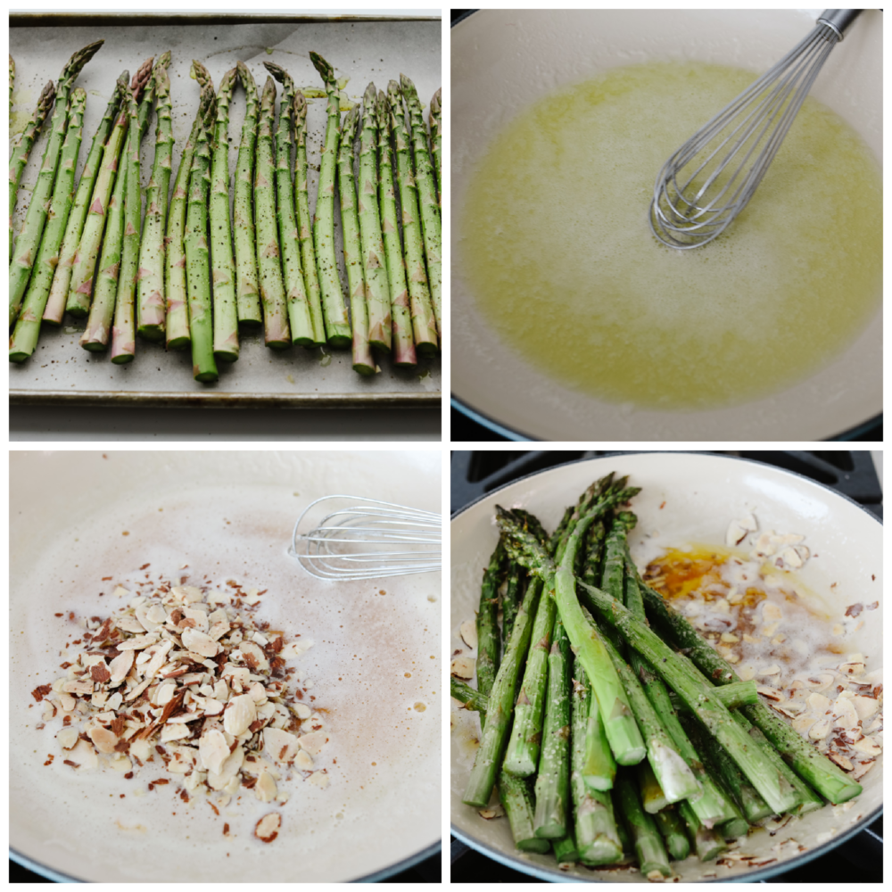 Process shots of asparagus being prepared and butter cooking in a saucepan.