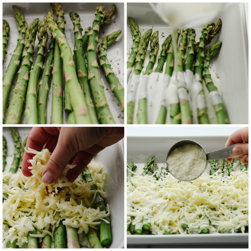 4 pictures showing how to add cream and cheese to asparagus in a baking dish. 