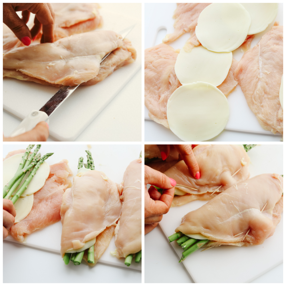 4 pictures showing how to slice and stuff a chicken breast with cheese and asparagus. 