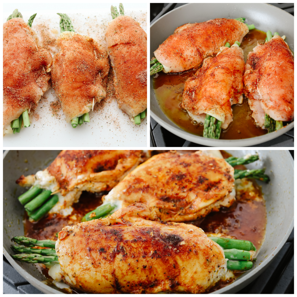 3 pictures showing 3 chicken breasts in a pan getting seared. 
