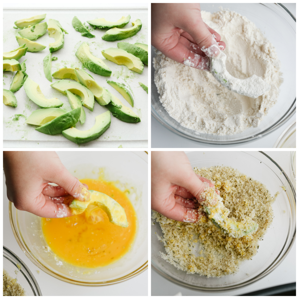 Process shots of breading avocado slices.