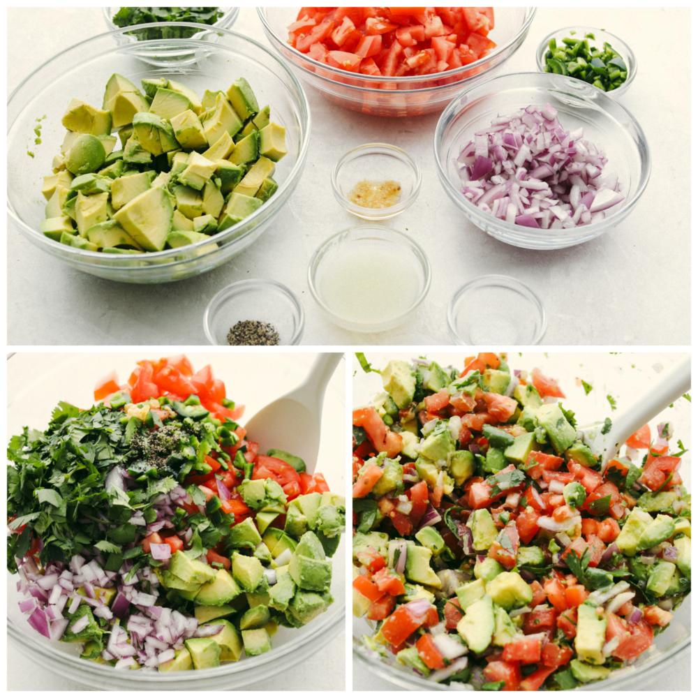 3 pictures of all of the ingredients, seperate and then being mixed together in a clear, glass bowl. 