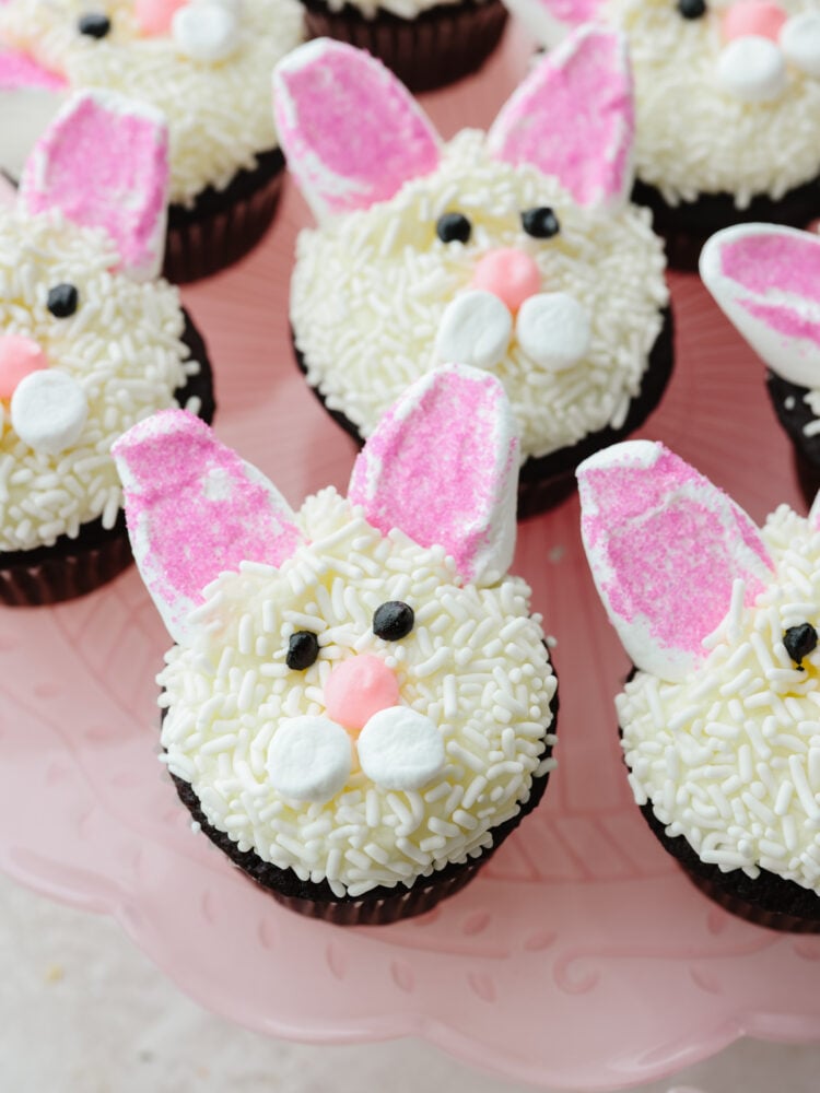 A zoomed in shot of bunny cupcakes. 