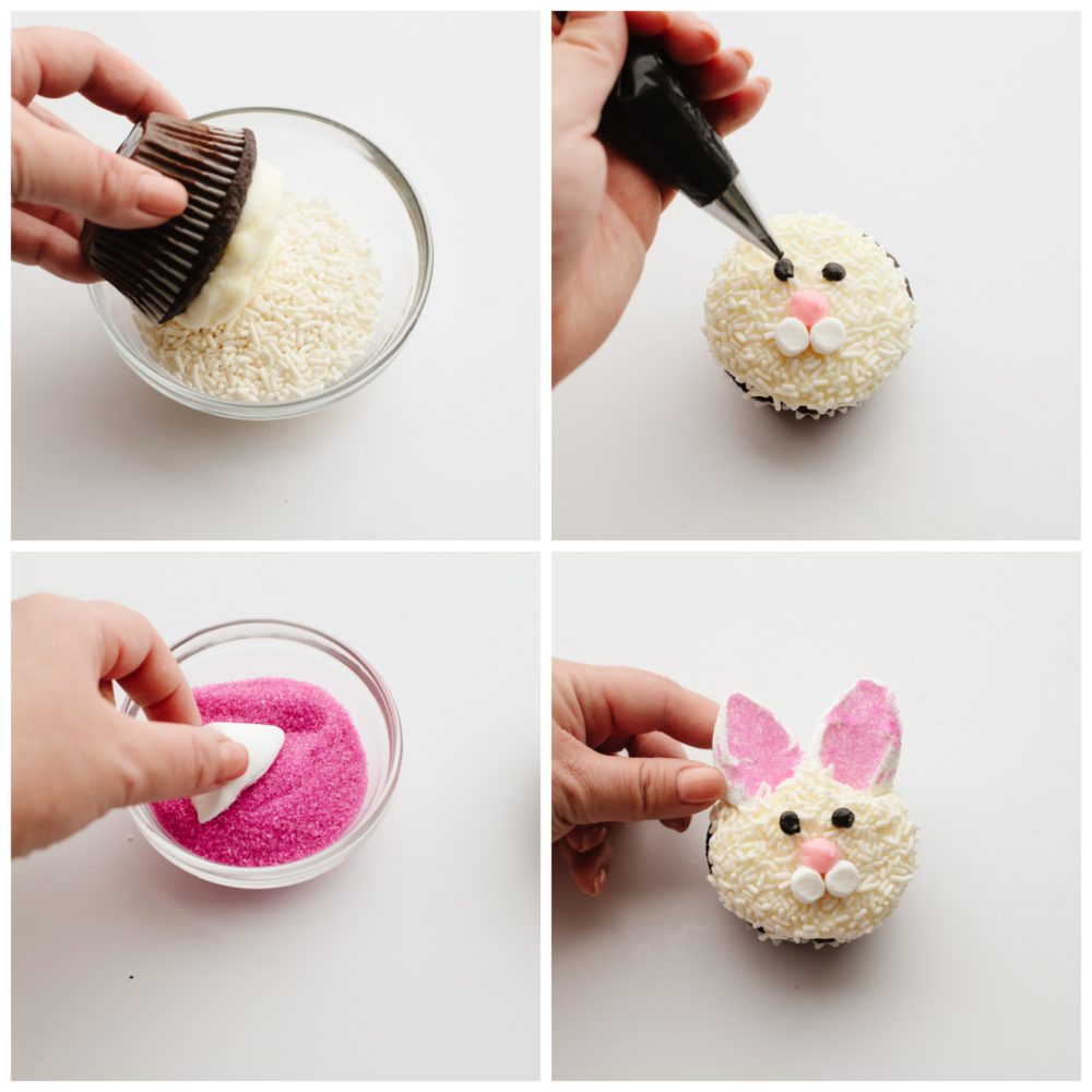 4 pictures showing how to make the face on the bunny cupcakes. 