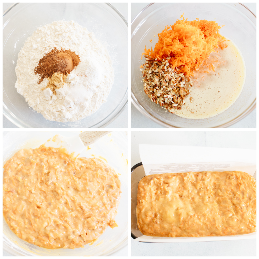 4 pictures showing how to make carrot cake bread batter. 