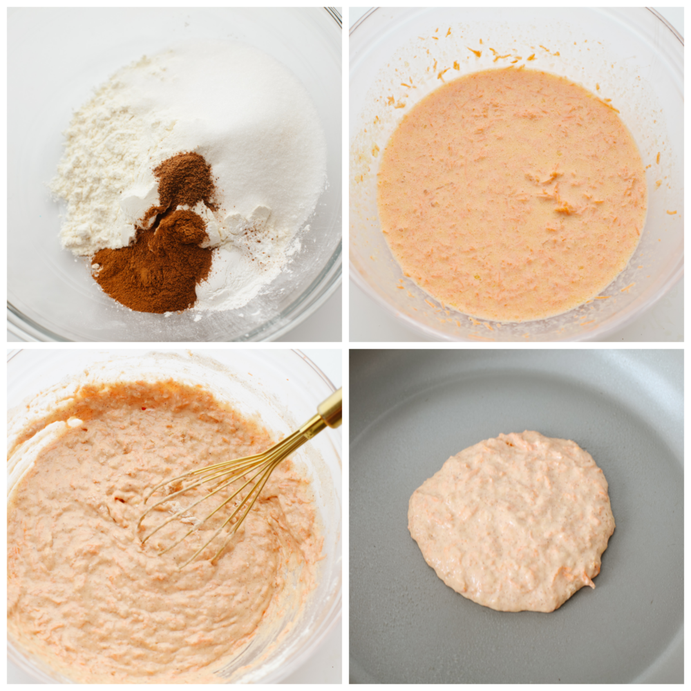 4 pictures showing how to mix the pancake batter and for a pancake on a saucepan. 