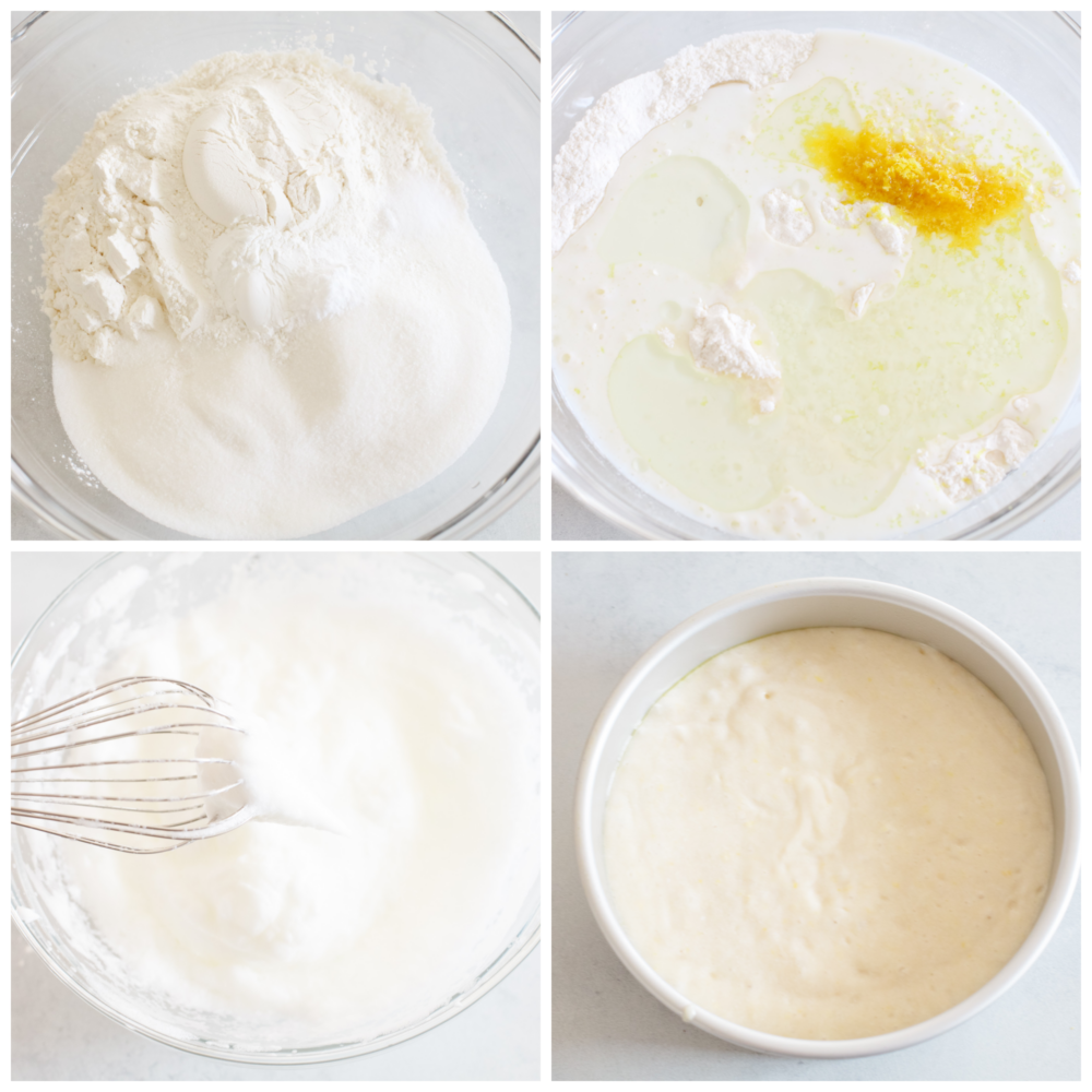 4 pictures showing steps on how to mix up cake batter. 