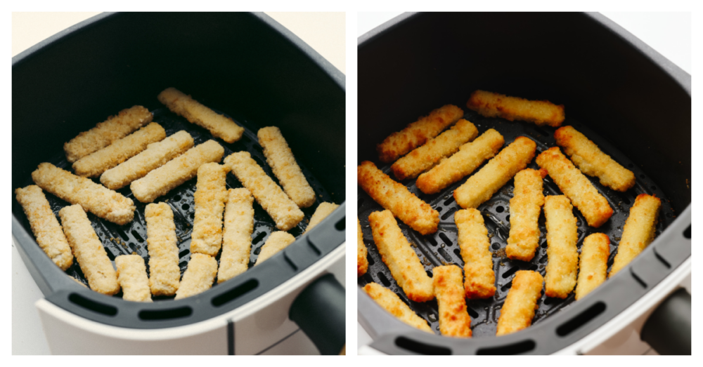 Before and after shots of frozen fish sticks being cooked.
