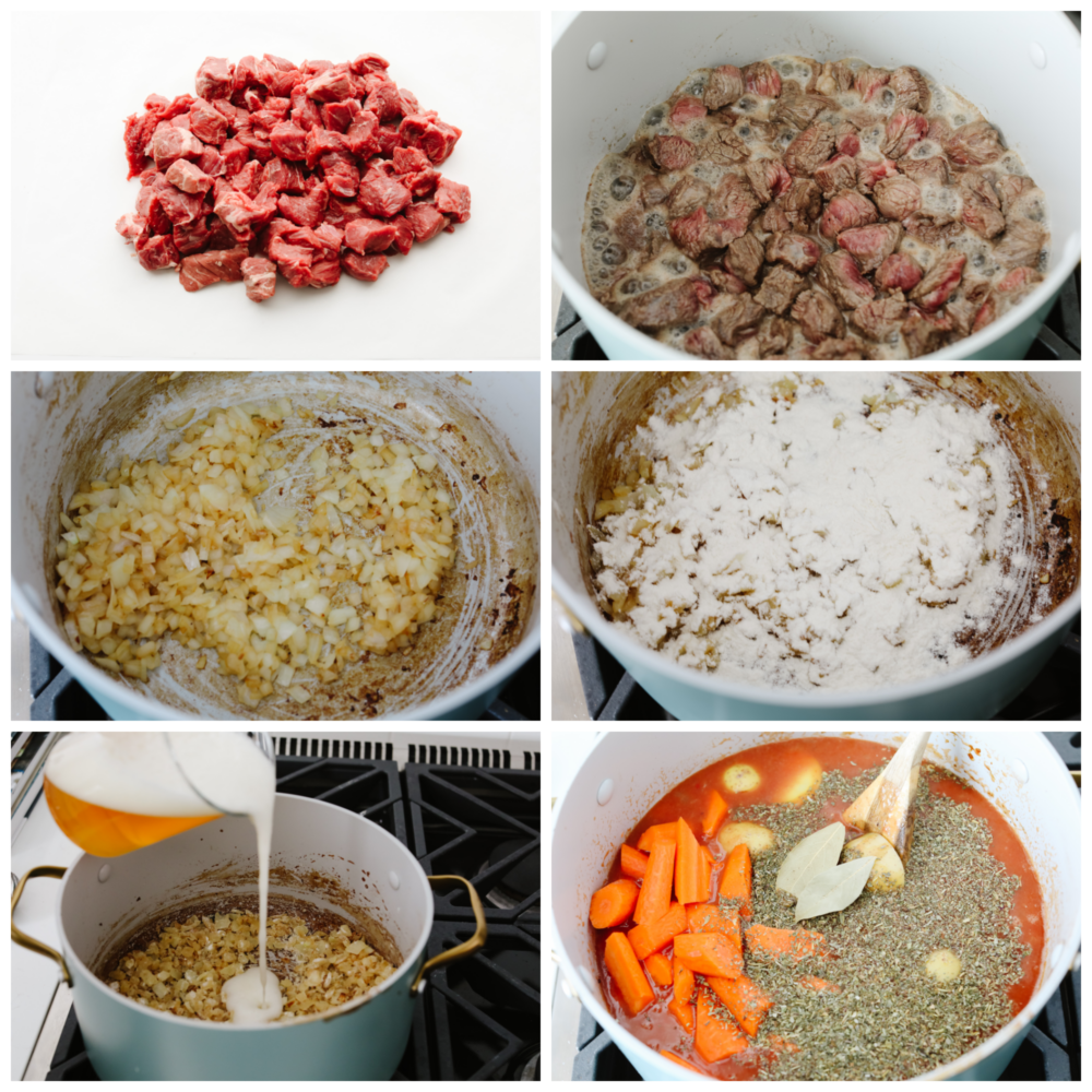 Process photos of searing beef and mixing stew ingredients together.