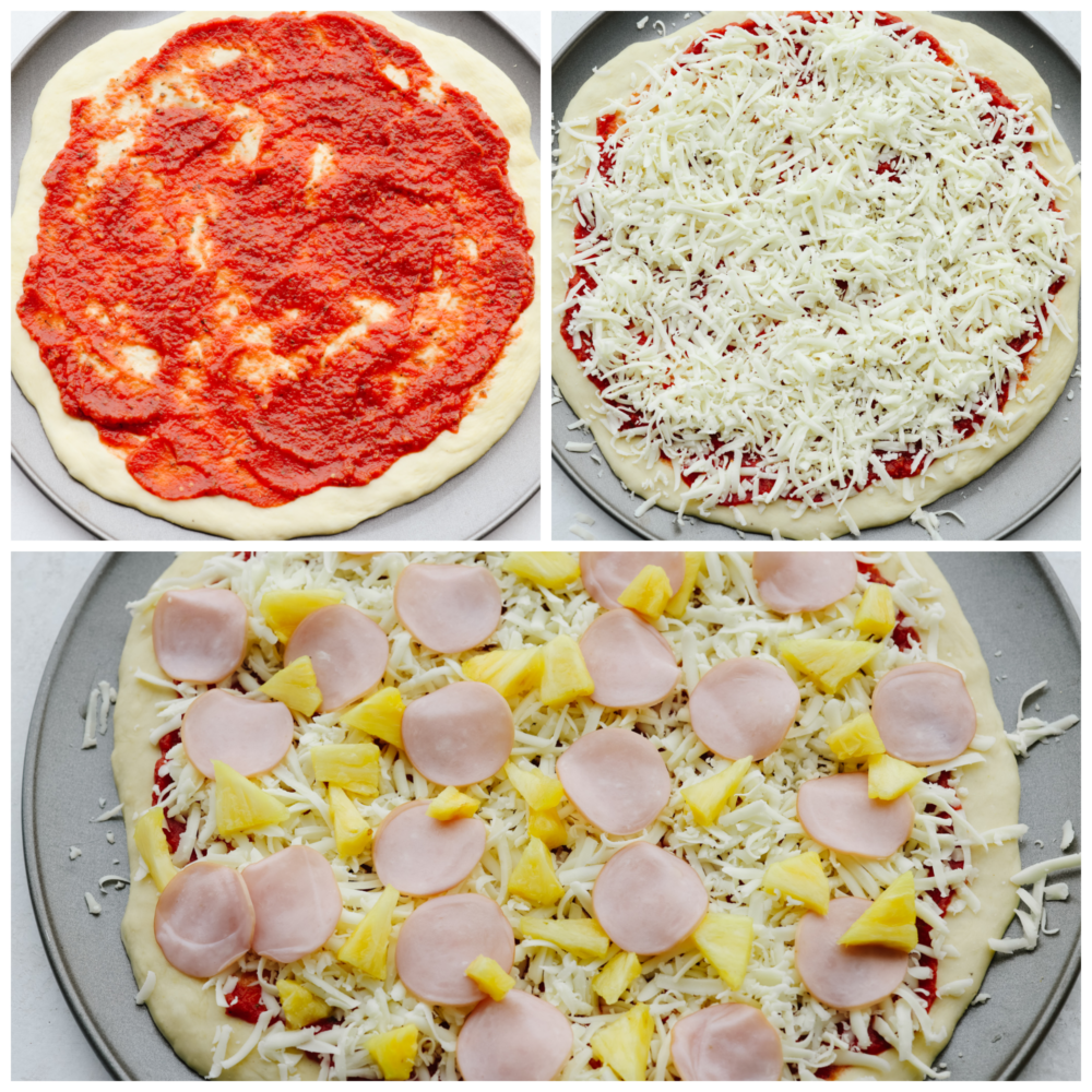 Adding sauce, cheese, and toppings to pizza dough.