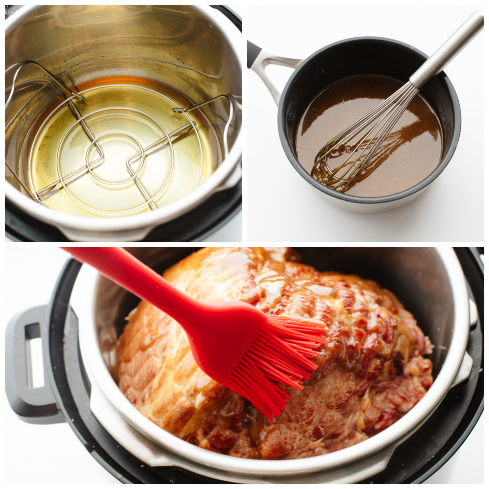 3 pictures showing how to make the glaze, brush on the glaze and add the ham to the instant pot. 