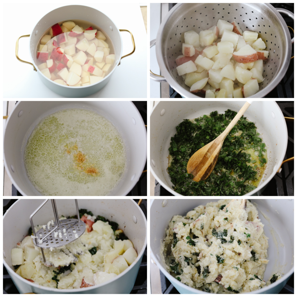 6 pictures showing how to cut, cook and mash potatoes. 