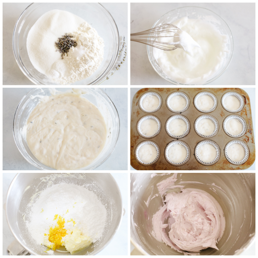 6 pictures showing the steps of how to make cake batter and frosting. 